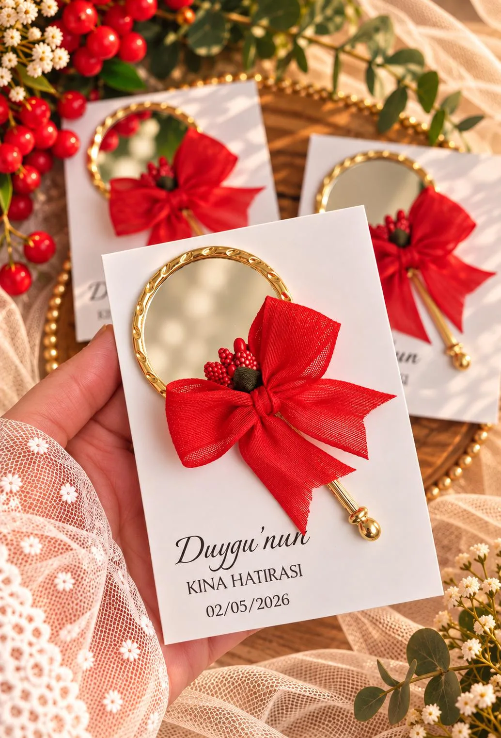 Kartlı Gold Ayna Kırmızı Kurdeleli